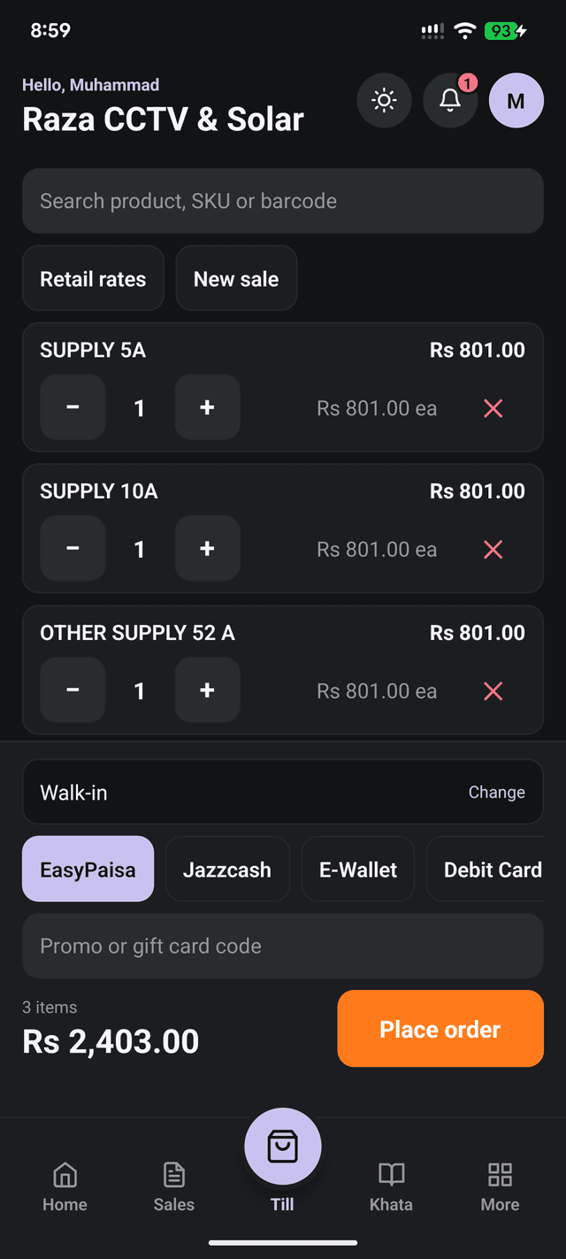 The NexusTill till running on a phone — ringing up a sale